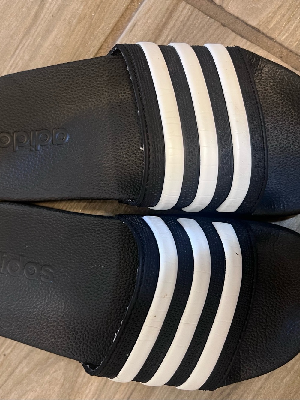 adidas Black Slides with White Three-Stripe Strap